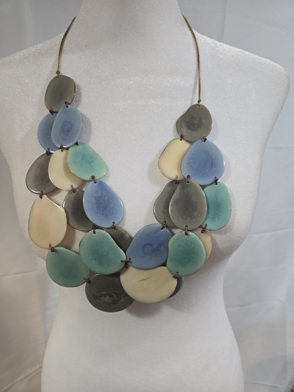 Tagua Nut Multi-Color Teardrop Statement Necklace - Blue, Green & Cream